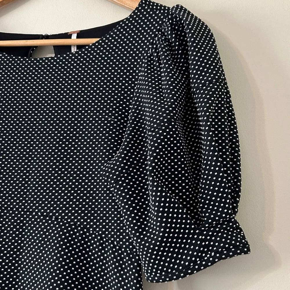Free People Penelope Black & White Polks Dot Dress Puff Sleeve Keyhole Back XS